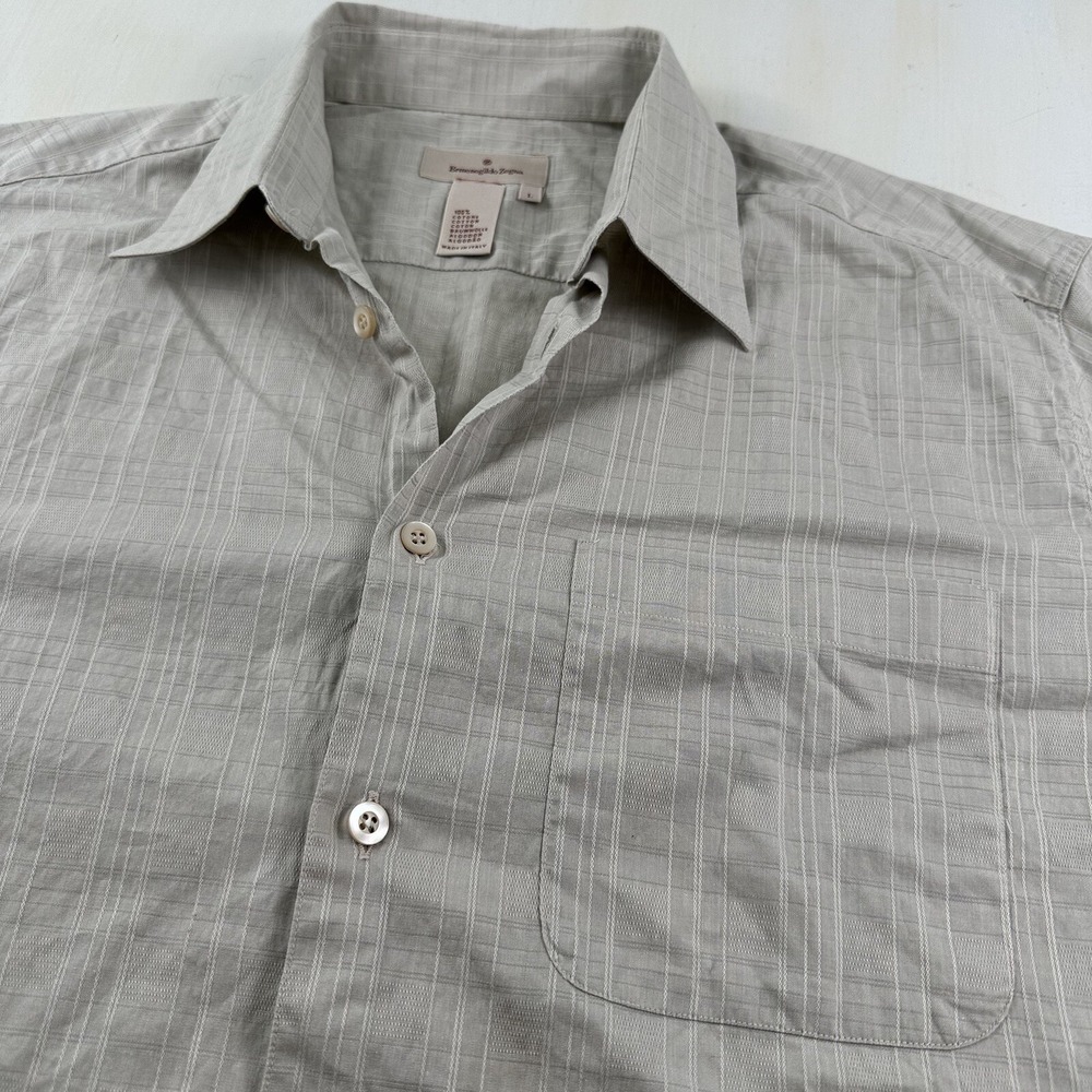 Ermenegildo‎ Zegna Mens Large Beige Green Woven Shirt Long Sleeve Cotton Italy